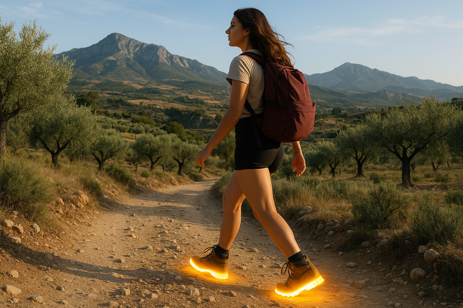 une femme en train de marcher dans la journée en espagne en randonnée
avec les semelles qui éclairent pour mettre en valeur 